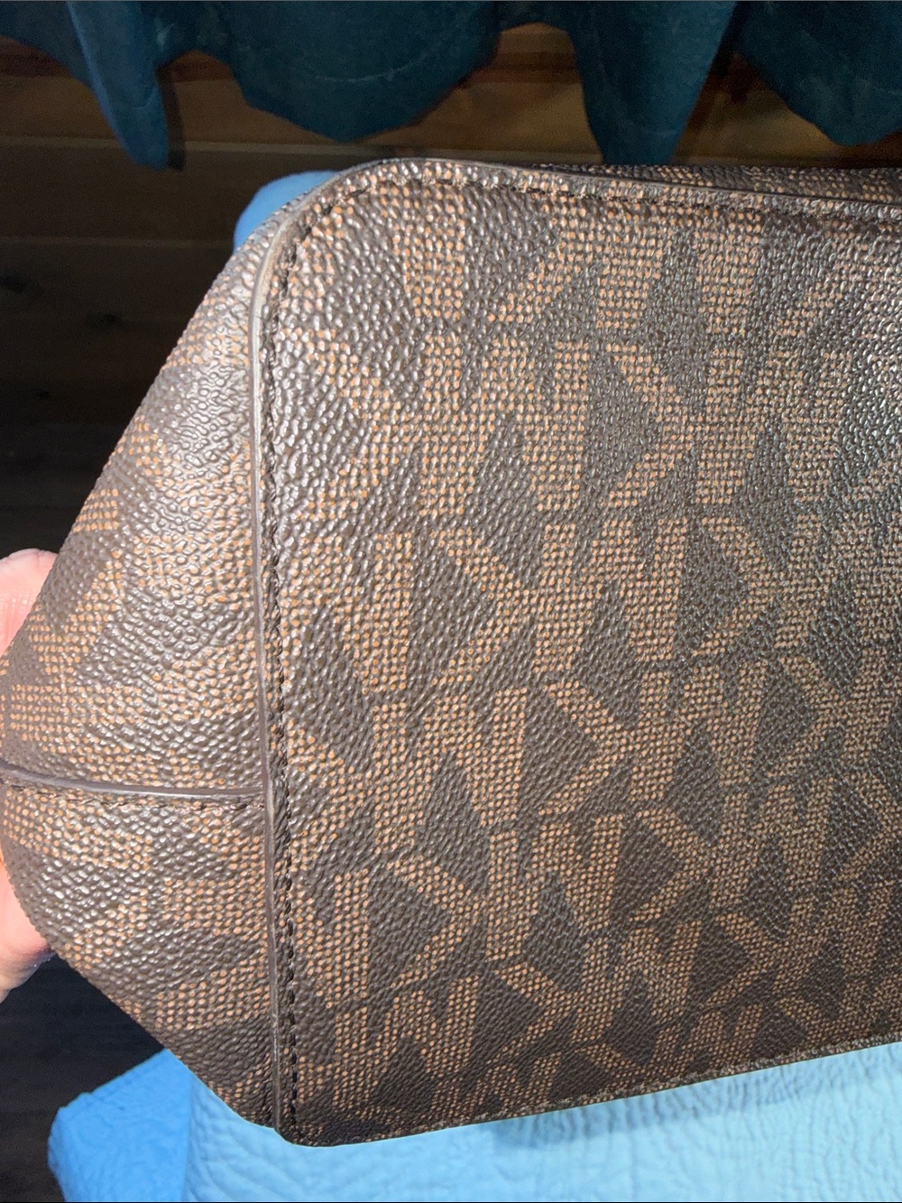 Michael Kors Brown Tote with Teal and White Center Stripe - Picture 11 of 13